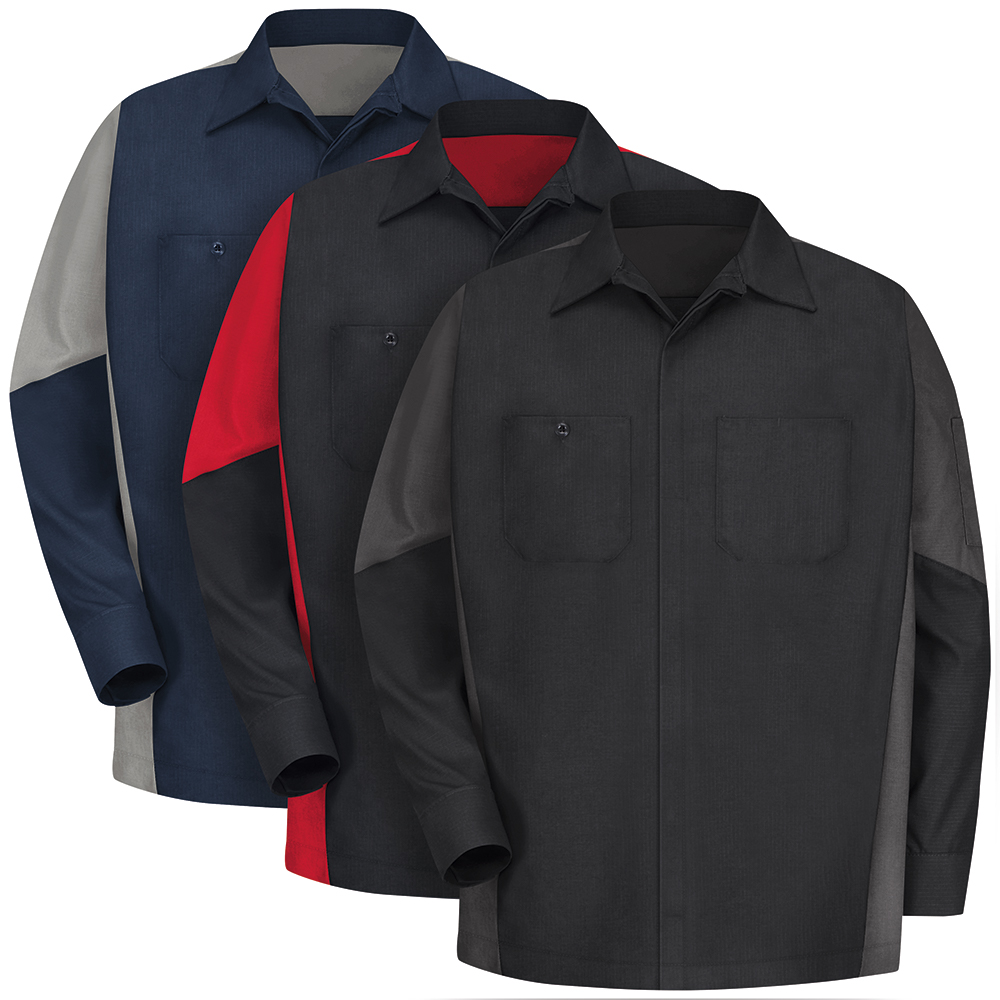 Front view of Dempsey Uniform color block shirts with long sleeves in various colors
