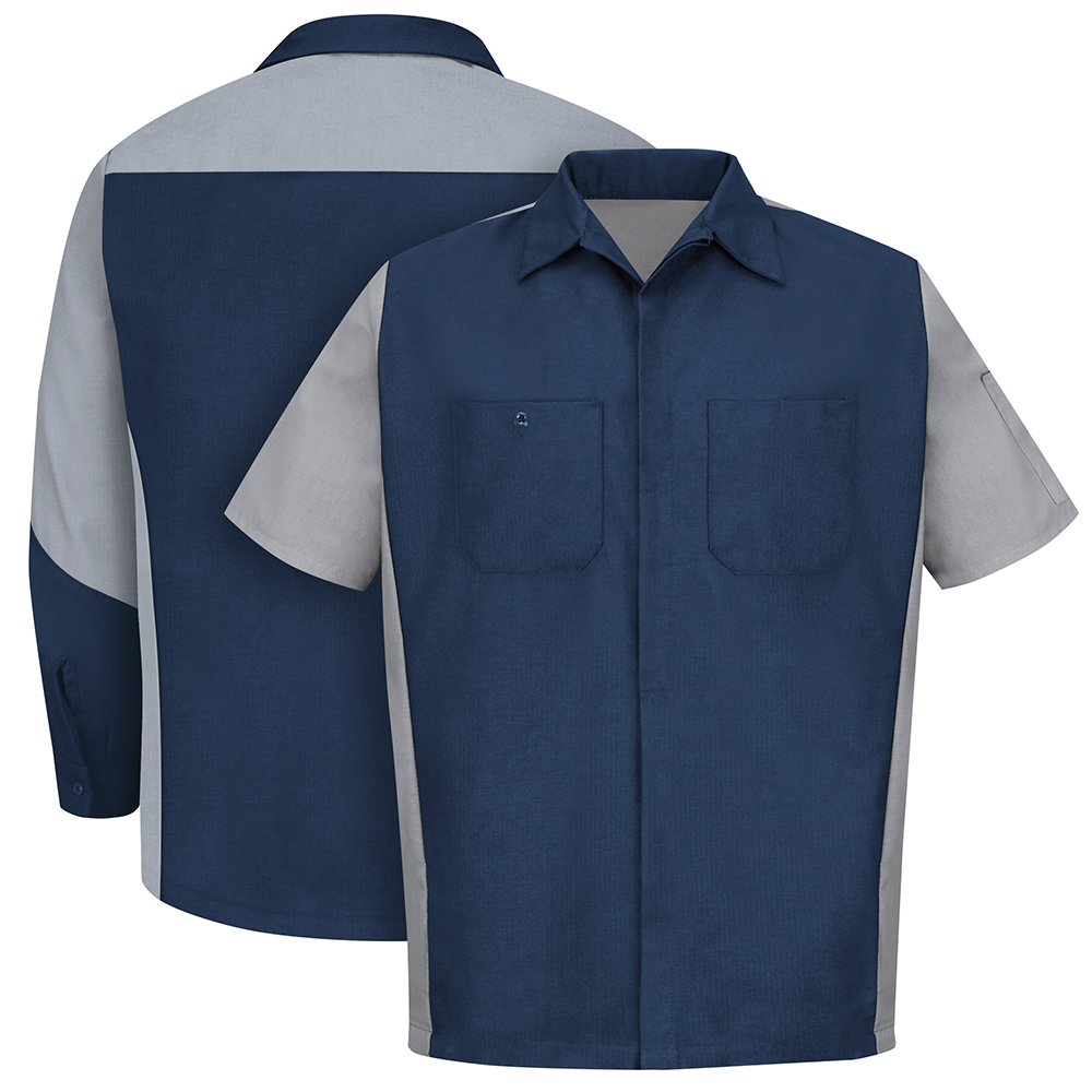 Front and back view of Dempsey Uniform color block shirt in navy and gray
