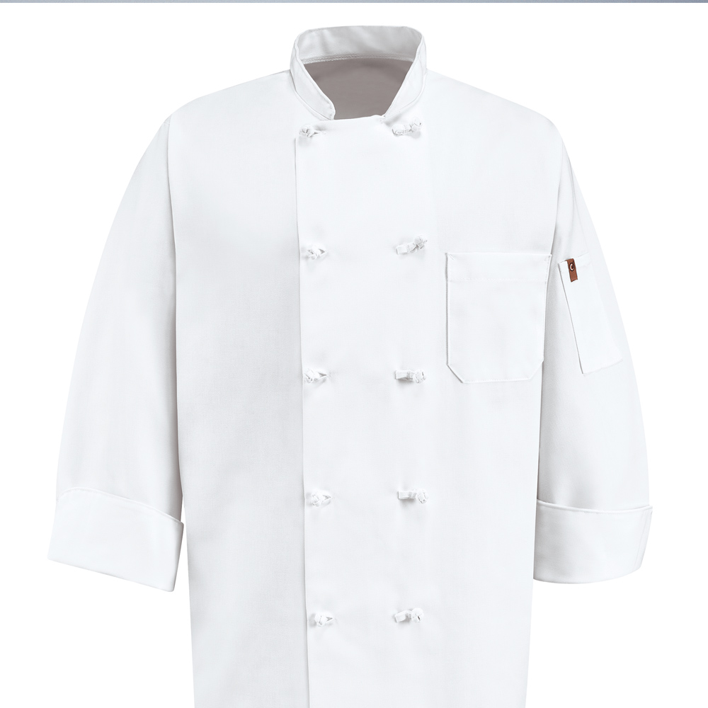 Front view of Dempsey Uniform 10 knot chef coat