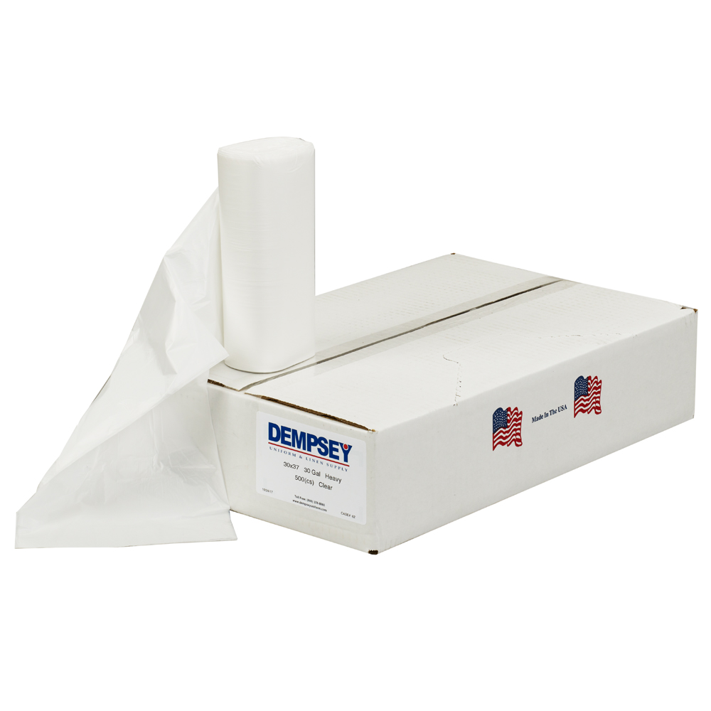 Box of Dempsey Uniform 30 gallon high-density clear can liners