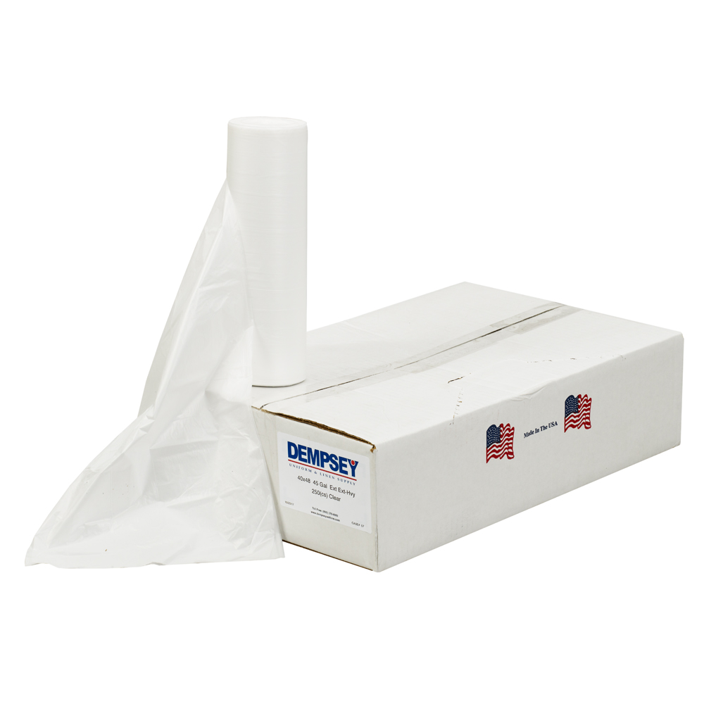 Box of Dempsey Uniform 45 gallon clear high-density can liners