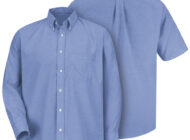 Front and back view of blue Dempsey Uniform button-down shirt