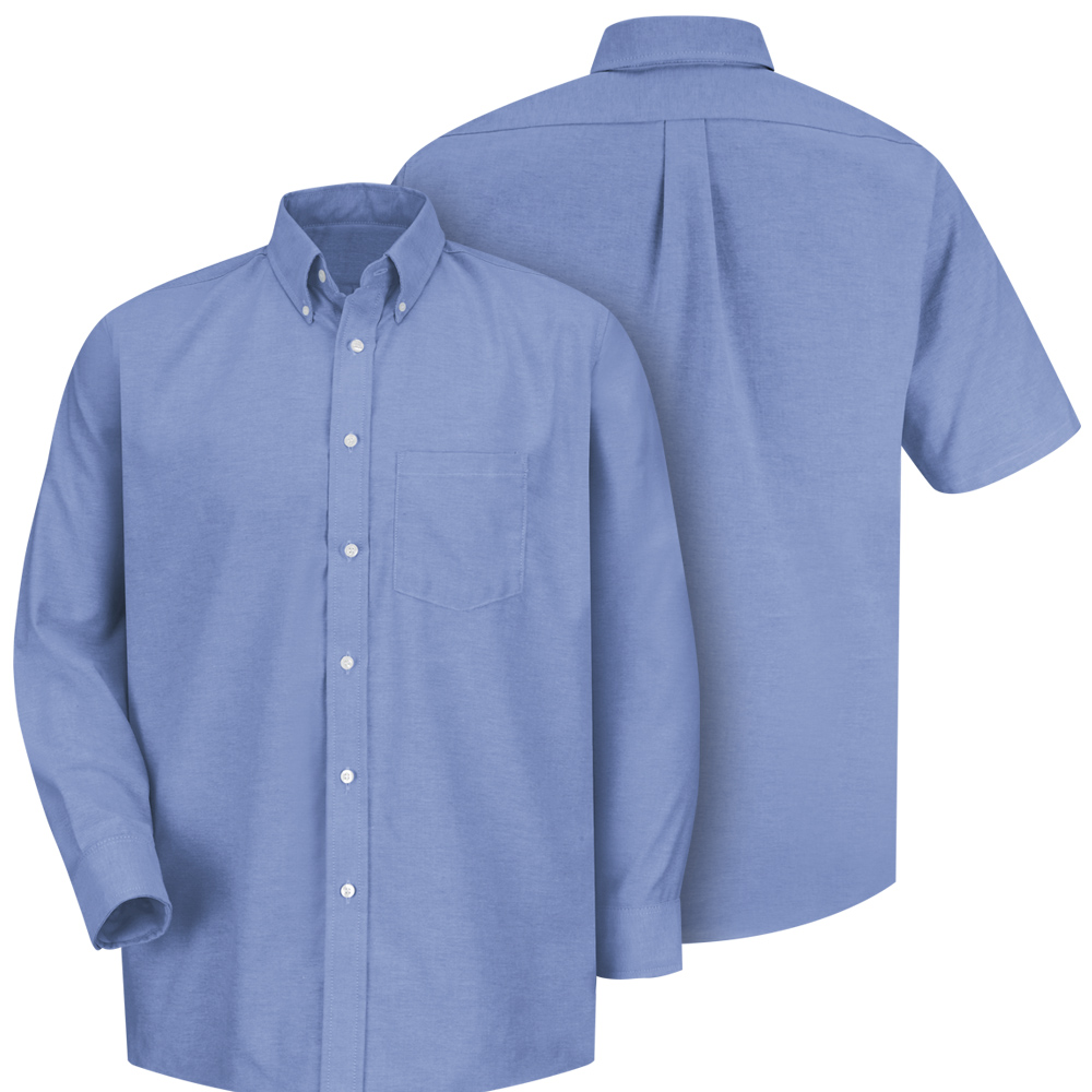 Front and back view of blue Dempsey Uniform button-down shirt
