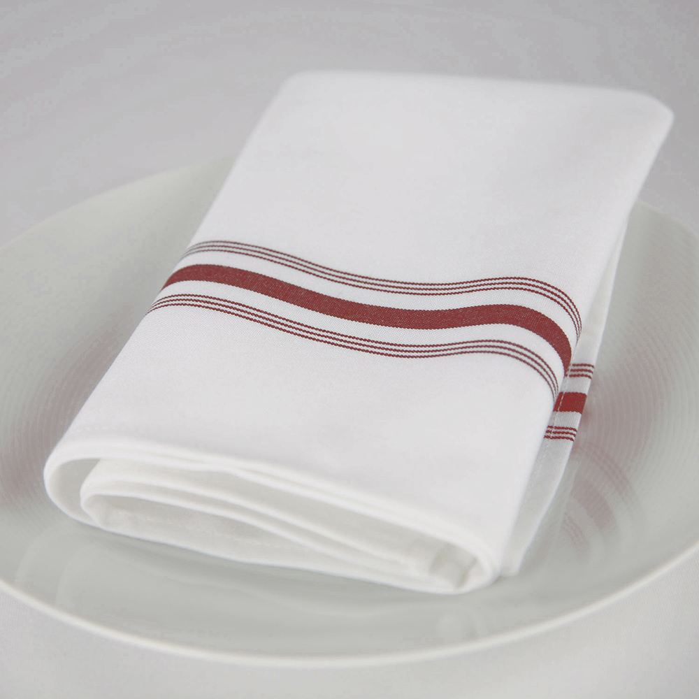 Dempsey Uniform burgundy-striped bistro napkin in a place setting