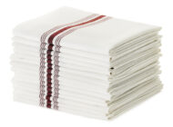 Stack of Dempsey Uniform burgundy-striped bistro napkins