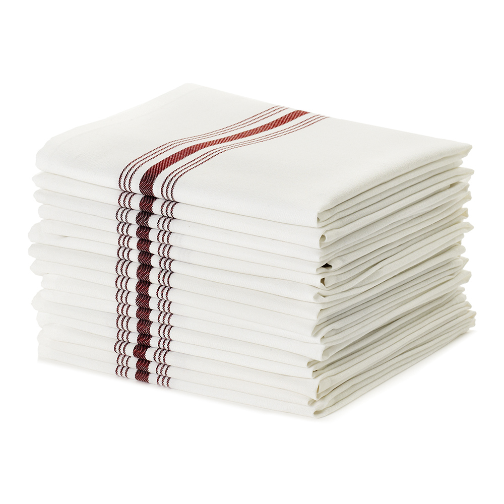 Stack of Dempsey Uniform burgundy-striped bistro napkins