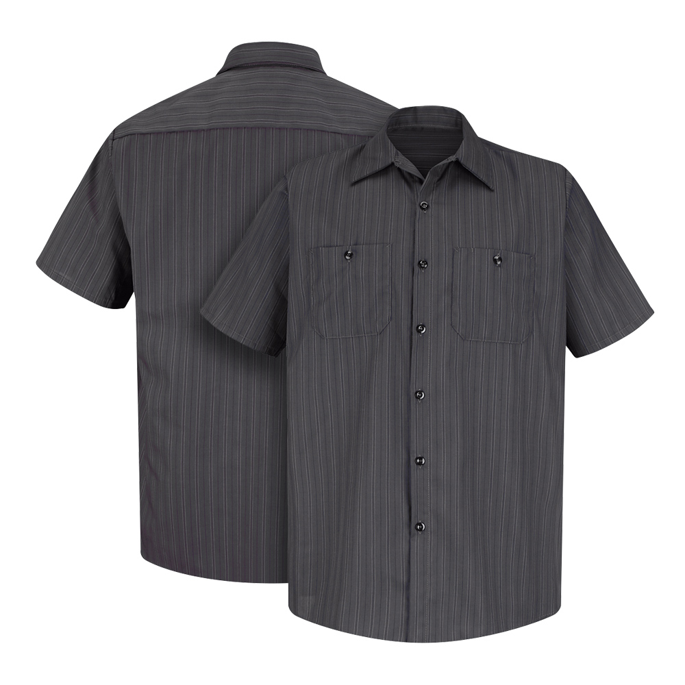 Front and back view of charcoal Dempsey Uniform striped work shirt