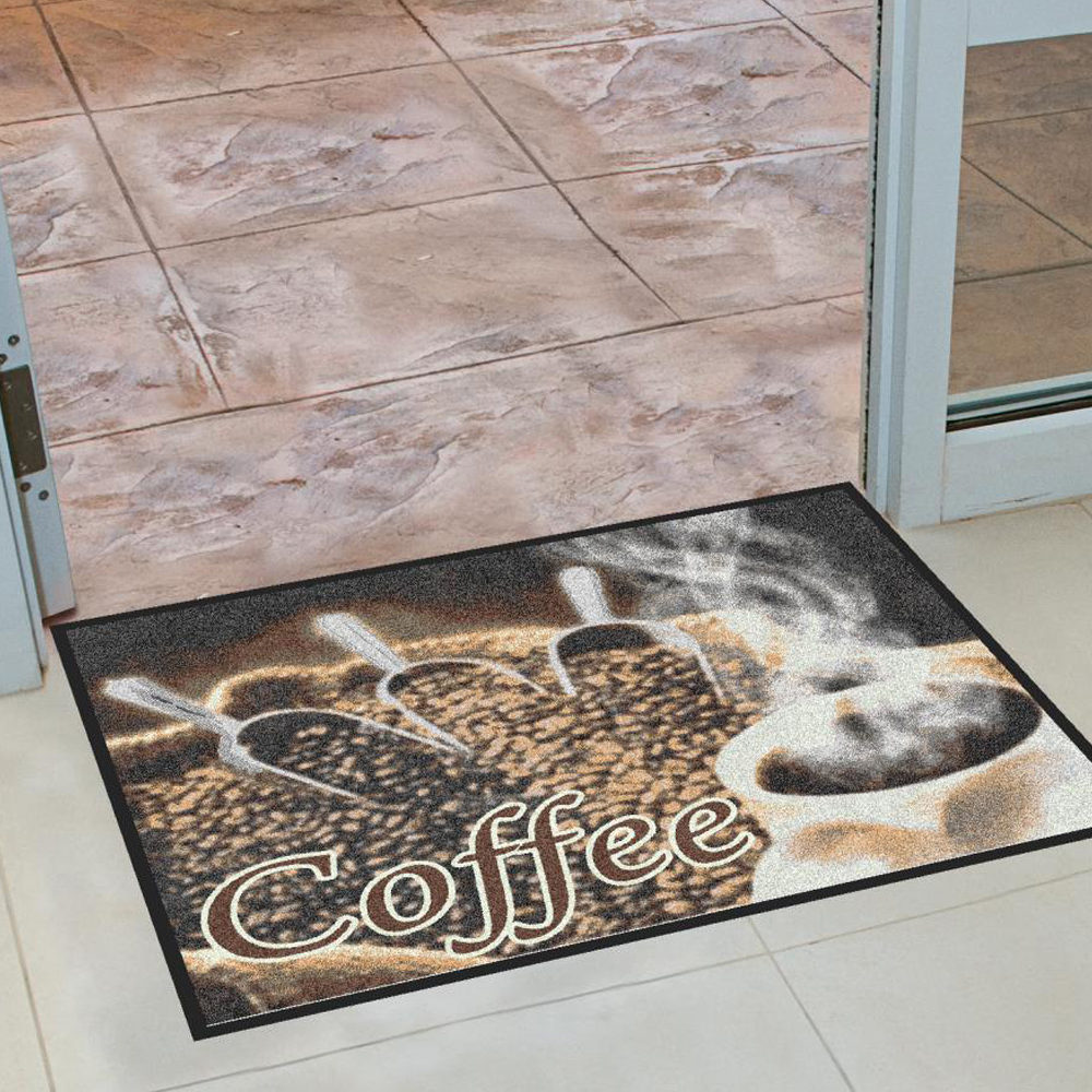 Dempsey Uniform coffee message mat at an entrance