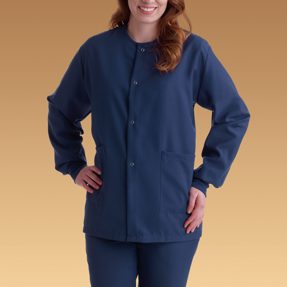 Woman wearing a navy Dempsey Uniform PerforMAX warm-up jacket