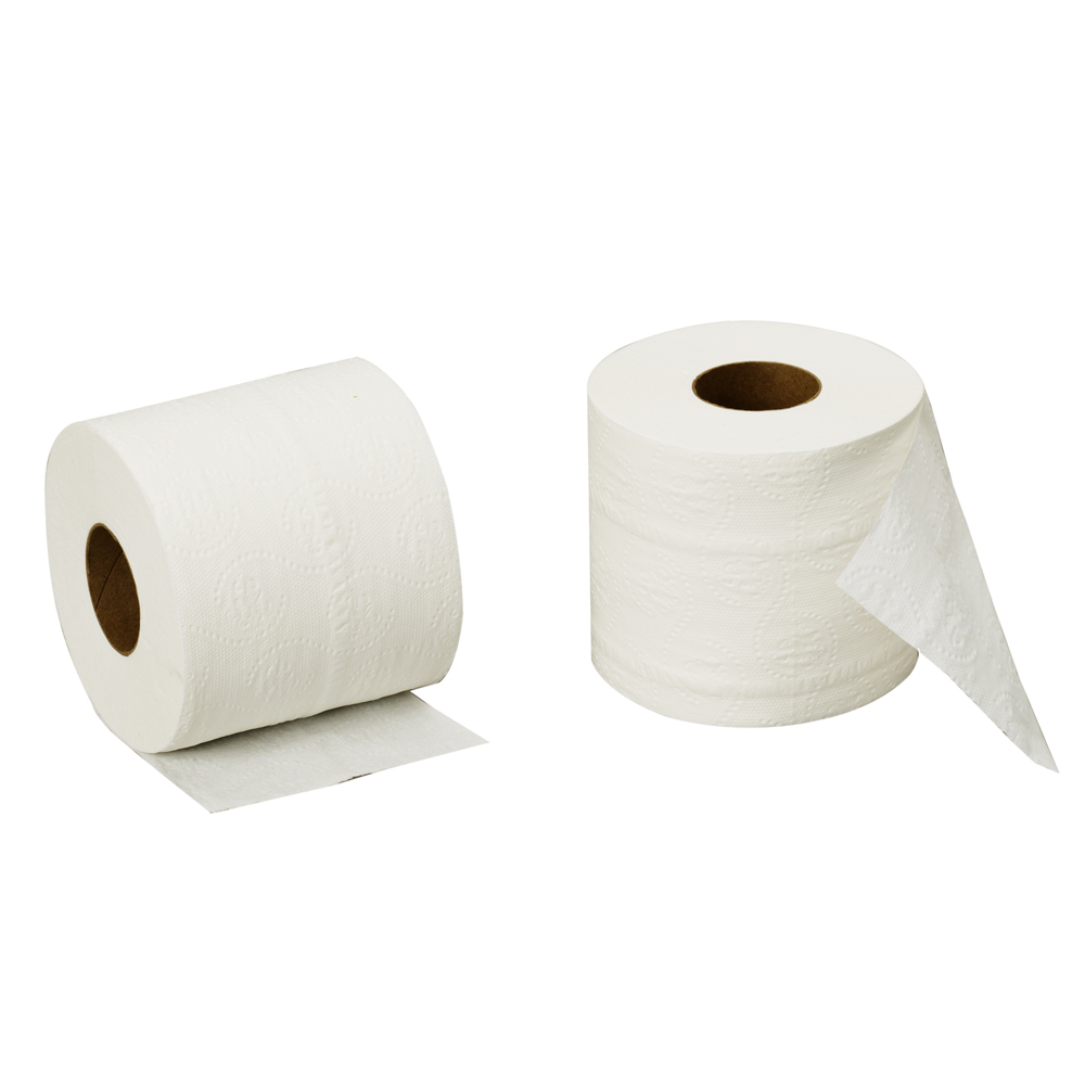 Two rolls of small toilet tissue for use with Dempsey Uniform twin toilet tissue dispensers