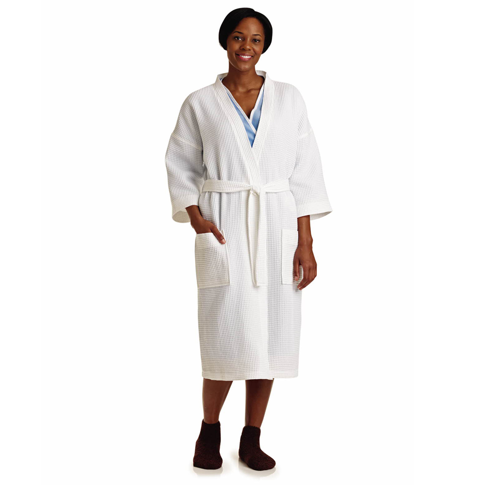 Dempsey Uniform waffle robe with the waist tied for modesty