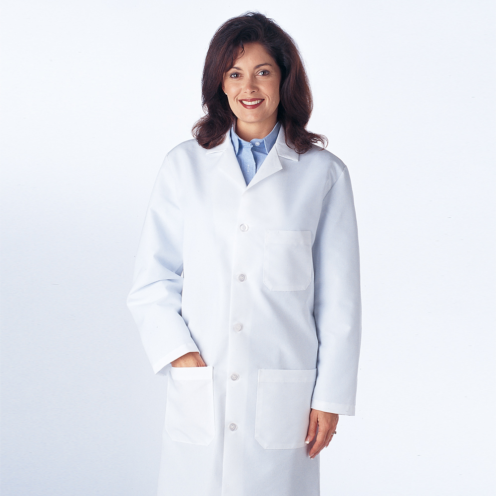 Doctor wearing white Dempsey Uniform button-front lab coat