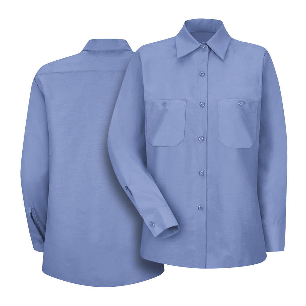 Front and back view of blue Dempsey Uniform womens long sleeve work shirt